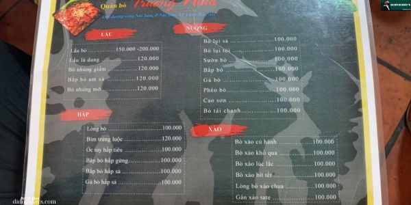 menu Bò Trường Nhựt